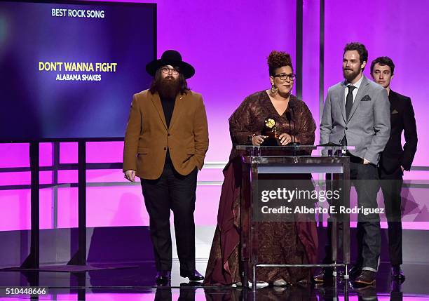 Musicians Zac Cockrell, Brittany Howard, Steve Johnson and Heath Fogg of Alabama Shakes accept award for Best Rock Song for 'Don't Wanna Fight'...