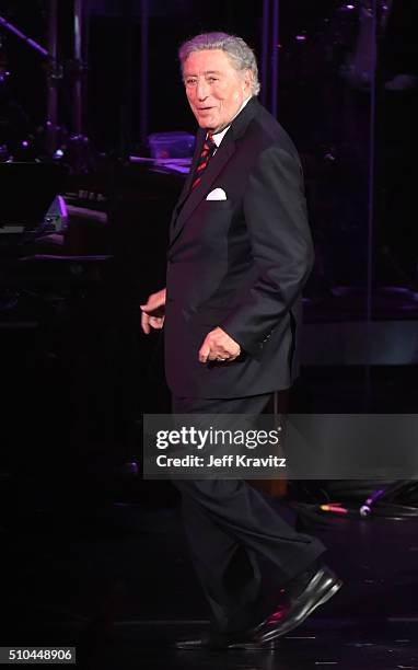 Singer Tony Bennett walks onstage to accept the award for Best Traditional Pop Vocal Album for 'The Silver Lining: The Songs Of Jerome Kern' during...
