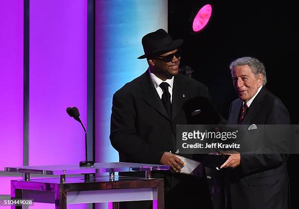 Singer Tony Bennett accepts the award for Best Traditional Pop Vocal Album for 'The Silver Lining: The Songs Of Jerome Kern' alongside record...