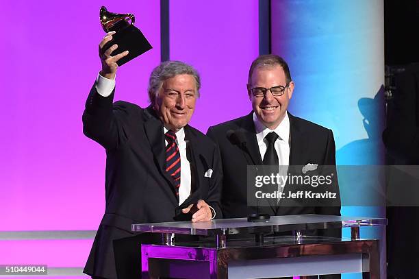 Singer Tony Bennett and pianist Bill Charlap accept the award for Best Traditional Pop Vocal Album for 'The Silver Lining: The Songs Of Jerome Kern'...