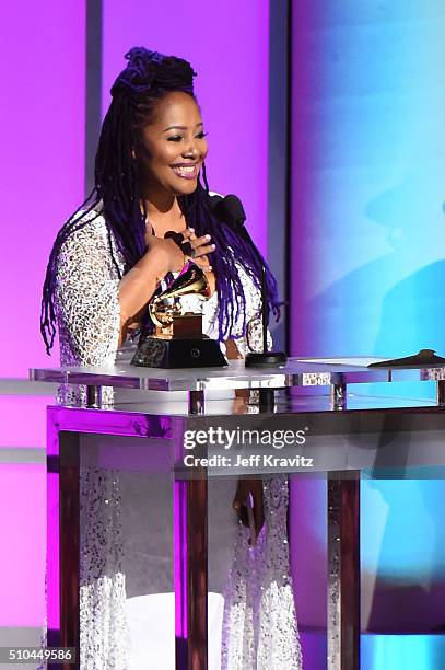 Singer Lalah Hathaway accepts the award for Best Traditional R&B Performance for 'Litlle Ghetto Boy' onstage during The 58th GRAMMY Premiere Ceremony...