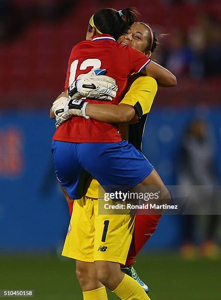 Dinnia Diaz and Lixy Rodriguez of Costa Rica celebrate a goal against Mexico during the CONCACAF Women's Olympic Qualifying 2016 at Toyota Stadium on...