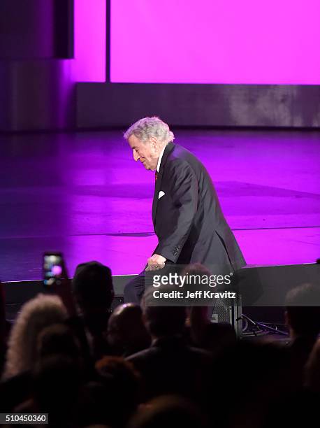 Singer Tony Bennett walks onstage to accept the award for Best Traditional Pop Vocal Album for 'The Silver Lining: The Songs Of Jerome Kern' during...