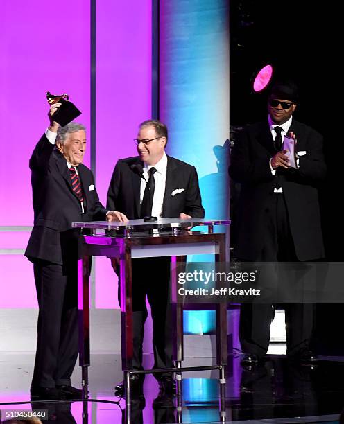 Singer Tony Bennett and pianist Bill Charlap accept the award for Best Traditional Pop Vocal Album for 'The Silver Lining: The Songs Of Jerome Kern'...