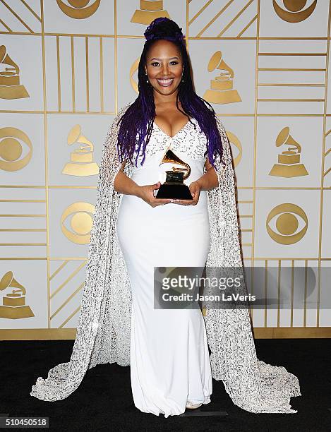 Singer Lalah Hathaway poses in the press room at the The 58th GRAMMY Awards at Staples Center on February 15, 2016 in Los Angeles, California.