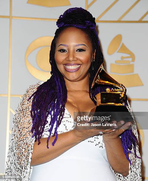 Singer Lalah Hathaway poses in the press room at the The 58th GRAMMY Awards at Staples Center on February 15, 2016 in Los Angeles, California.