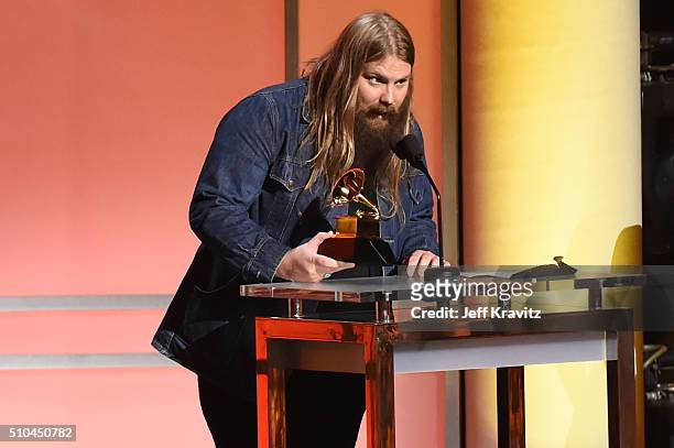 Musician Chris Stapleton accepts the award for Best Country Solo Performance for 'Traveller' onstage during The 58th GRAMMY Premiere Ceremony at Los...
