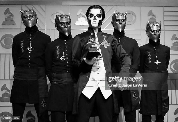 Papa Emeritus III and the Nameless Ghouls of the band Ghost pose in the press room at the The 58th GRAMMY Awards at Staples Center on February 15,...