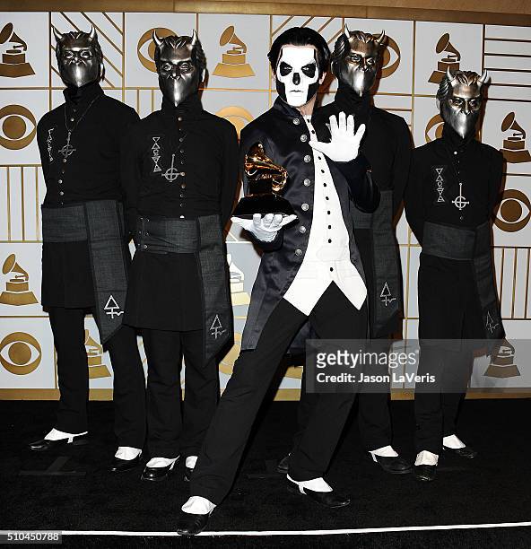 Papa Emeritus III and the Nameless Ghouls of the band Ghost pose in the press room at the The 58th GRAMMY Awards at Staples Center on February 15,...