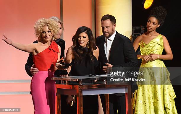Members of Little Big Town accept the award for Best Country Duo/Group Performance for 'Girl Crush' alongside singer Lianne La Havas onstage during...