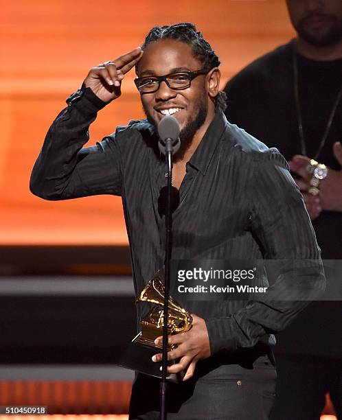 Recording artist Kendrick Lamar accepts the Best Rap Album award for 'To Pimp a Butterfly' onstage during The 58th GRAMMY Awards at Staples Center on...