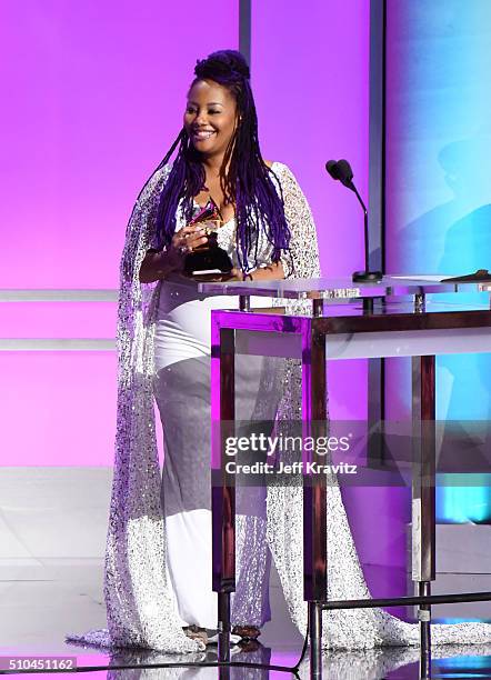 Singer Lalah Hathaway accepts the award for Best Traditional R&B Performance for 'Litlle Ghetto Boy' onstage during The 58th GRAMMY Premiere Ceremony...