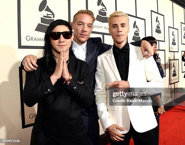 Skrillex, Diplo and Justin Bieber attend The 58th GRAMMY Awards at Staples Center on February 15, 2016 in Los Angeles, California.