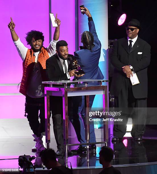 Musician Thundercat and Producer Sounwave accept the award for Best Rap/Sung Collaboration alongside record producer Jimmy Jam onstage during The...