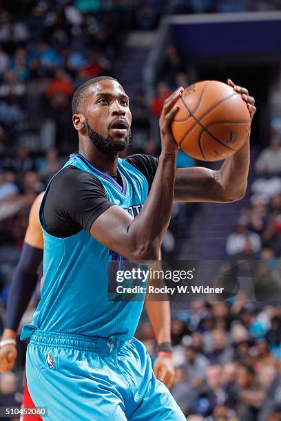 Michael Kidd-Gilchrist of the Charlotte Hornets attempts a free throw shot against the Washington Wizards on February 6, 2016 at Time Warner Cable...
