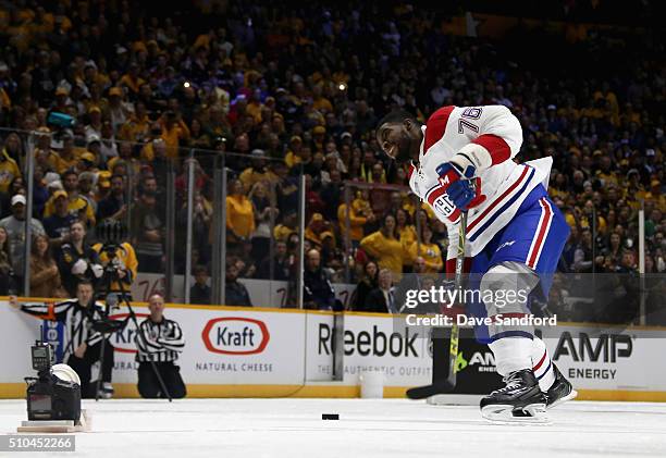 Subban of the Montreal Canadiens competes in the AMP Energy NHL Hardest Shot during 2016 Honda NHL All-Star Skill Competition at Bridgestone Arena on...