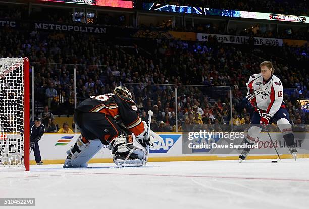 Nicklas Backström of the Washington Capitals competes in the Discover NHL Shootout against goaltender John Gibson of the Anaheim Ducks during 2016...