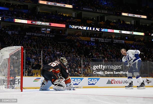 Steven Stamkos of the Tampa Bay Lightning competes in the Discover NHL Shootout against goaltender John Gibson of the Anaheim Ducks during 2016 Honda...