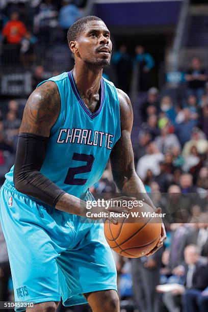 Marvin Williams of the Charlotte Hornets attempts a free throw shot against the Washington Wizards on February 6, 2016 at Time Warner Cable Arena in...