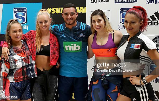 Blues Bryn Hall with the ReQuest Dance Crew during the 2016 New Zealand Super Rugby Launch on February 16, 2016 in Auckland, New Zealand.