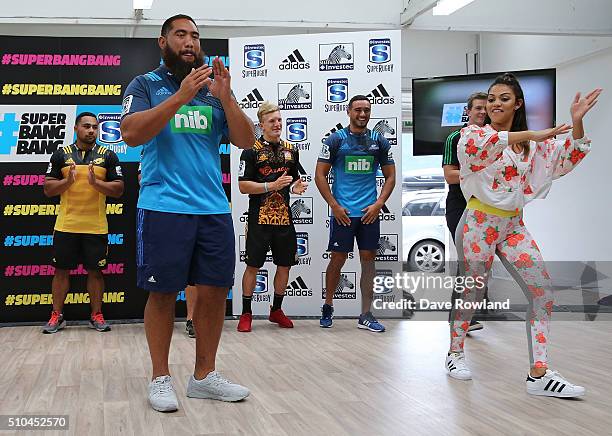 Blues Charlie Faumuina tries his dance moves with the ReQuest Dance Crew during the 2016 New Zealand Super Rugby Launch on February 16, 2016 in...