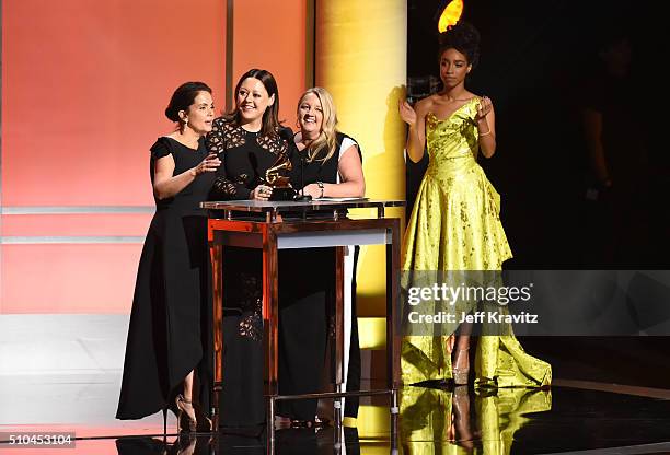 Songwriters Hillary Lindsey, Lori McKenna and Liz Rose, alongside singer Lianne La Havas, accept the award for Best Country Song for 'Girl Crush'...