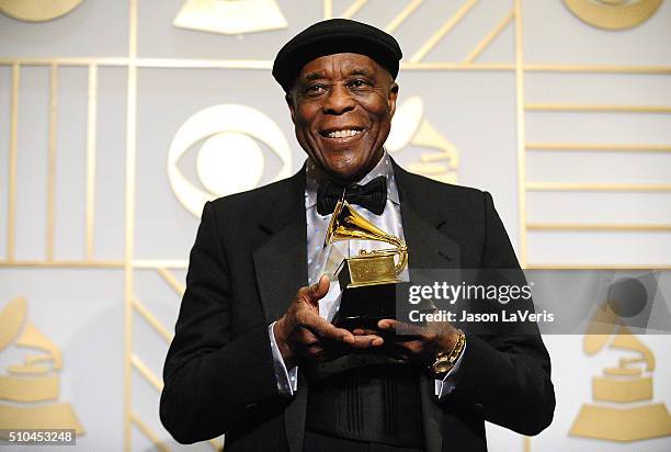 Musician Buddy Guy poses in the press room at the The 58th GRAMMY Awards at Staples Center on February 15, 2016 in Los Angeles, California.