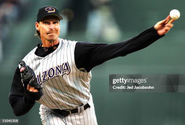 Randy Johnson of the Arizona Diamondbacks pitches against the San Francisco Giants on July 9, 2004 at SBC Park in San Francisco, California.