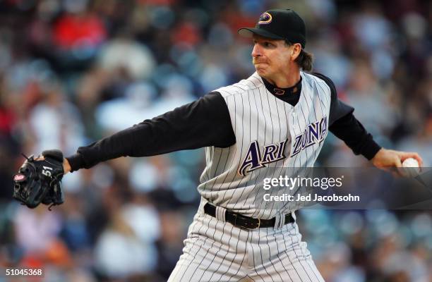 Randy Johnson of the Arizona Diamondbacks pitches against the San Francisco Giants on July 9, 2004 at SBC Park in San Francisco, California.