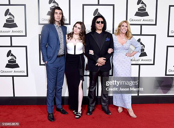 Nick Simmons, Sophie Simmons, musician Gene Simmons, and actress Shannon Tweed attend The 58th GRAMMY Awards at Staples Center on February 15, 2016...