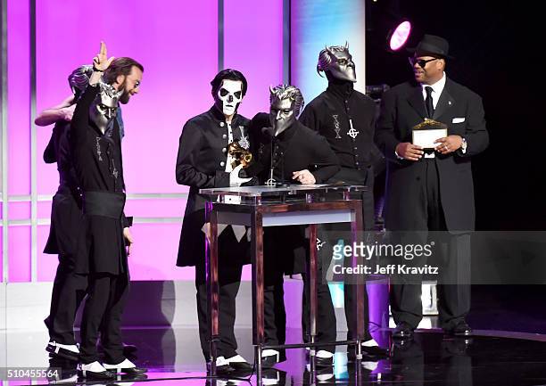 Musical group Ghost accept the award for Best Metal Performance for 'Cirice' onstage during The 58th GRAMMY Premiere Ceremony at Los Angeles...