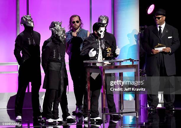 Musical group Ghost accept the award for Best Metal Performance for 'Cirice' onstage during The 58th GRAMMY Premiere Ceremony at Los Angeles...