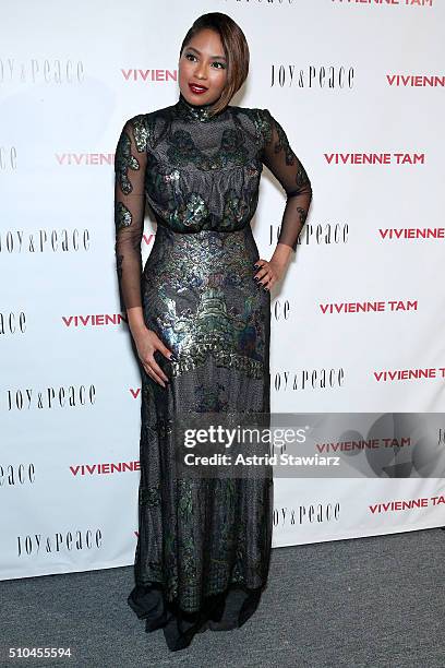 Alicia Quarles poses backstage at the Vivienne Tam Fall 2016 fashion show during New York Fashion Week: The Shows at The Arc, Skylight at Moynihan...