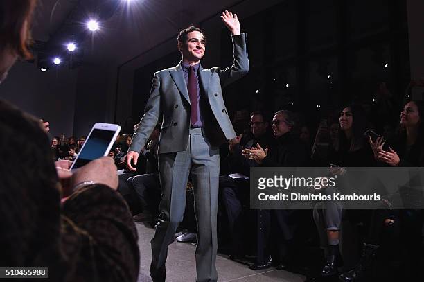 Fashion designer Zac Posen walks the runway at the Zac Posen Fall 2016 fashion show during New York Fashion Week at Spring Studios on February 15,...