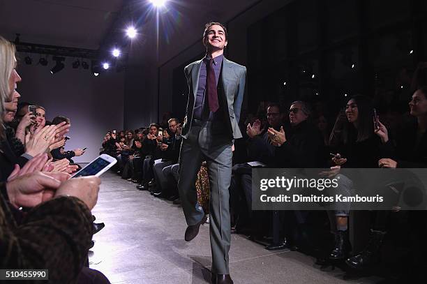 Fashion designer Zac Posen walks the runway at the Zac Posen Fall 2016 fashion show during New York Fashion Week at Spring Studios on February 15,...