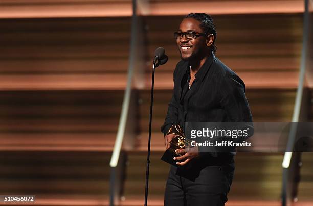 Recording artist Kendrick Lamar accepts the award for Best Rap Album for 'To Pimp a Butterfly' onstage during The 58th GRAMMY Awards at Staples...