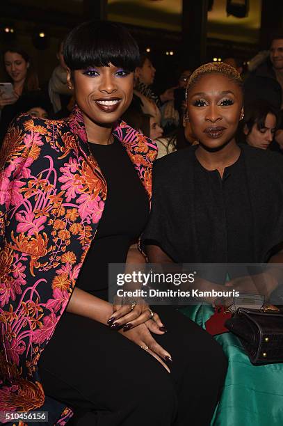 Singer and actress Jennifer Hudson and singer-songwriter Cynthia Erivo attend the Zac Posen Fall 2016 fashion show during New York Fashion Week at...