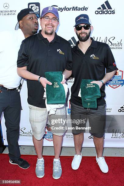 Comedian Ricky Smith, Max Kylma and Mark Lippman arrive at the Will Smith And Jada Pinkett Present The Stephen Bishop RAKE Invitational Golf...