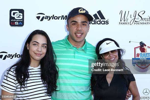 Miah Kidd, Trey Jason Kidd and Joumana Kidd arrive at the Will Smith And Jada Pinkett Present The Stephen Bishop RAKE Invitational Golf Tournament at...