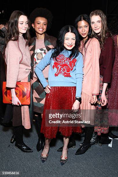 Vivienne Tam poses backstage at the Vivienne Tam Fall 2016 fashion show during New York Fashion Week: The Shows at The Arc, Skylight at Moynihan...