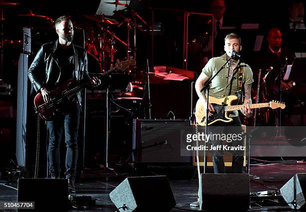 Bassist Rich Meyer and guitarist Johnny Stevens of Highly Suspect perform onstage during The 58th GRAMMY Premiere Ceremony at Los Angeles Convention...