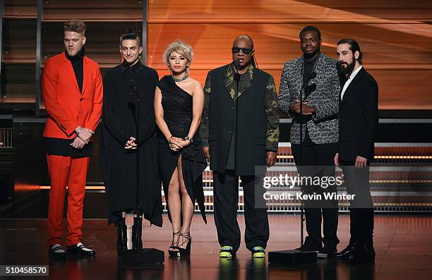 Recording artist Stevie Wonder and members of music group Pentatonix Scott Hoying, Avi Kaplan, Kirstin Maldonado, Kevin Olusola and Mitch Grassi...