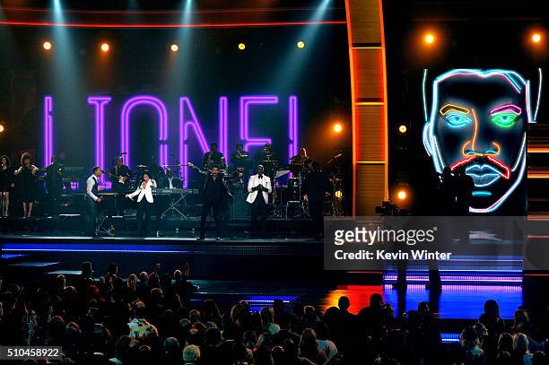 Recording artists John Legend, Demi Lovato, 2016 MusiCares Person of the Year honoree Lionel Richie, and recording artist Tyrese Gibson perform...