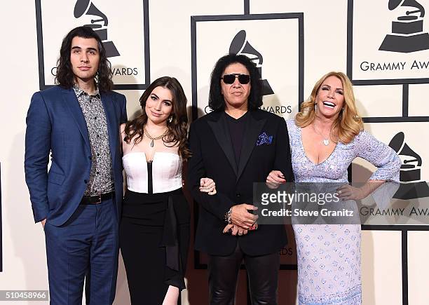 Nick Simmons, Sophie Simmons, musician Gene Simmons, and actress Shannon Tweed attendThe 58th GRAMMY Awards at Staples Center on February 15, 2016 in...