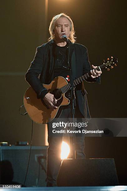 Musician Joe Walsh of the Eagles performs onstage during The 58th GRAMMY Awards at Staples Center on February 15, 2016 in Los Angeles, California.