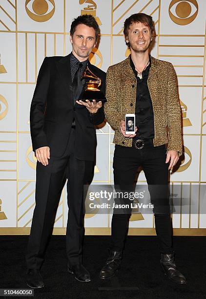 Matt Bellamy and Dominic Howard of the band Muse poses in the press room at the The 58th GRAMMY Awards at Staples Center on February 15, 2016 in Los...