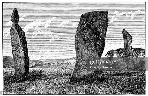 antique illustration of standing stones, lundin links, fifeshire - megalith stock illustrations