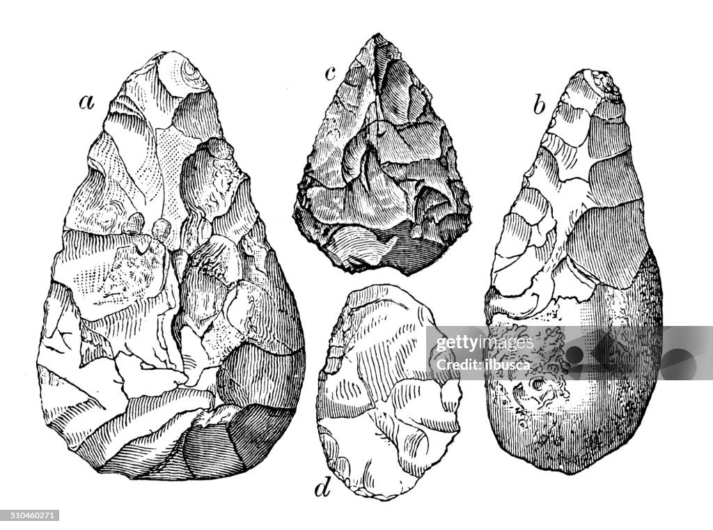 Antica illustrazione di età della pietra flint strumenti