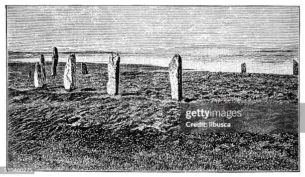 antikes illustration von stone circle, stennis, orkney - stone circle stock-grafiken, -clipart, -cartoons und -symbole
