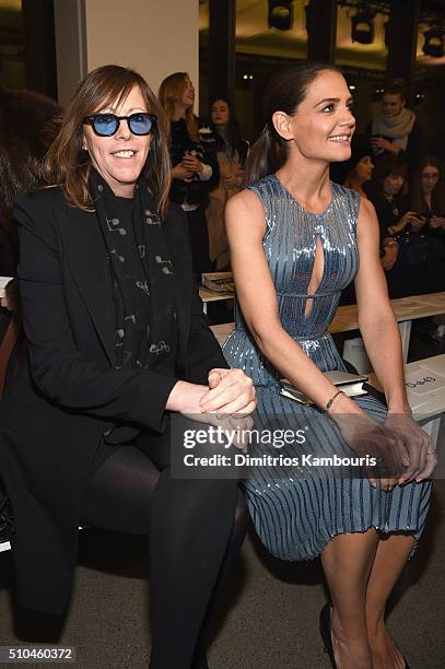 Film producer Jane Rosenthal and actress Katie Holmes attend the Zac Posen Fall 2016 fashion show during New York Fashion Week at Spring Studios on...